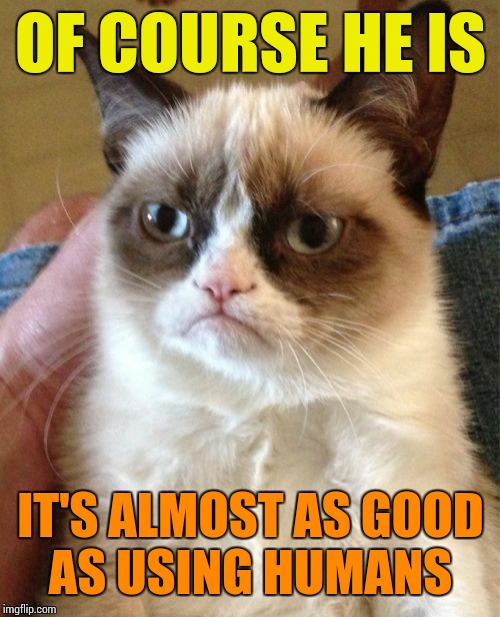 Grumpy Cat Meme | OF COURSE HE IS IT'S ALMOST AS GOOD AS USING HUMANS | image tagged in memes,grumpy cat | made w/ Imgflip meme maker