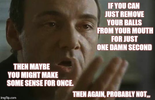 IF YOU CAN JUST REMOVE YOUR BALLS  FROM YOUR MOUTH FOR JUST ONE DAMN SECOND; THEN MAYBE         YOU MIGHT MAKE            SOME SENSE FOR ONCE. THEN AGAIN, PROBABLY NOT,,, | image tagged in memes | made w/ Imgflip meme maker