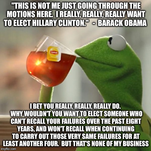 I really, really, really want... But Thats None Of My Business  | "THIS IS NOT ME JUST GOING THROUGH THE MOTIONS HERE.  I REALLY, REALLY, REALLY WANT TO ELECT HILLARY CLINTON."   -  BARACK OBAMA; I BET YOU REALLY, REALLY, REALLY DO.  WHY WOULDN'T YOU WANT TO ELECT SOMEONE WHO CAN'T RECALL YOUR FAILURES OVER THE PAST EIGHT YEARS, AND WON'T RECALL WHEN CONTINUING TO CARRY OUT THOSE VERY SAME FAILURES FOR AT LEAST ANOTHER FOUR.  BUT THAT'S NONE OF MY BUSINESS | image tagged in memes,but thats none of my business,kermit the frog,barack obama,hillary clinton,election 2016 | made w/ Imgflip meme maker