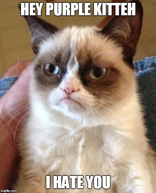 Grumpy Cat Meme | HEY PURPLE KITTEH I HATE YOU | image tagged in memes,grumpy cat | made w/ Imgflip meme maker