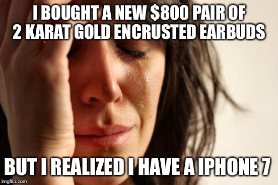First World Problems Meme | I BOUGHT A NEW $800 PAIR OF 2 KARAT GOLD ENCRUSTED EARBUDS; BUT I REALIZED I HAVE A IPHONE 7 | image tagged in memes,first world problems | made w/ Imgflip meme maker