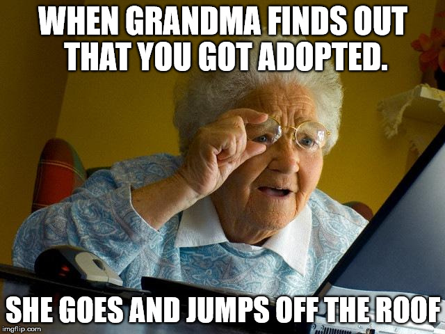 Grandma Finds The Internet | WHEN GRANDMA FINDS OUT THAT YOU GOT ADOPTED. SHE GOES AND JUMPS OFF THE ROOF | image tagged in memes,grandma finds the internet | made w/ Imgflip meme maker