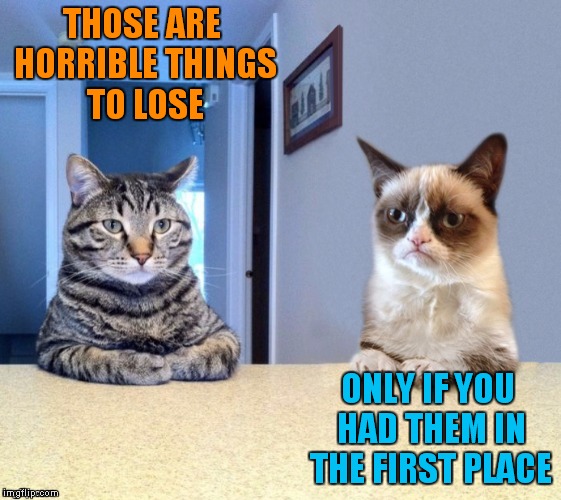 Take a seat cat and grumpy cat review | THOSE ARE HORRIBLE THINGS TO LOSE ONLY IF YOU HAD THEM IN THE FIRST PLACE | image tagged in take a seat cat and grumpy cat review | made w/ Imgflip meme maker