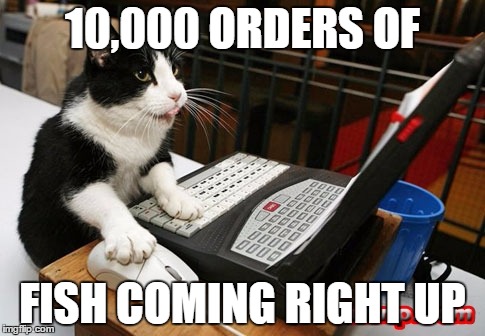 10,000 ORDERS OF; FISH COMING RIGHT UP | image tagged in cats,fish order | made w/ Imgflip meme maker