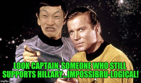 It's nothing short of shocking to come across a Hillary supporter at this point | LOOK CAPTAIN, SOMEONE WHO STILL SUPPORTS HILLARY...IMPOSSIBRU-LOGICAL! | image tagged in memes,star trek | made w/ Imgflip meme maker