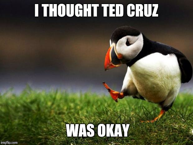 Unpopular Opinion Puffin Meme | I THOUGHT TED CRUZ; WAS OKAY | image tagged in memes,unpopular opinion puffin | made w/ Imgflip meme maker