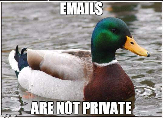 Actual Advice Mallard | EMAILS; ARE NOT PRIVATE | image tagged in memes,actual advice mallard,AdviceAnimals | made w/ Imgflip meme maker