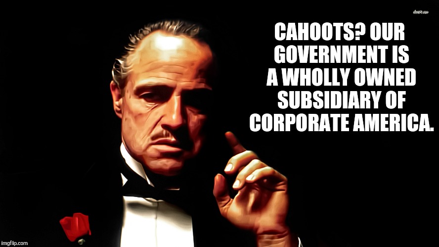 CAHOOTS? OUR GOVERNMENT IS A WHOLLY OWNED SUBSIDIARY OF CORPORATE AMERICA. | made w/ Imgflip meme maker