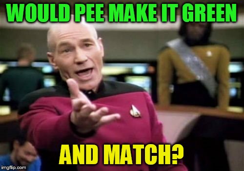 Picard Wtf Meme | WOULD PEE MAKE IT GREEN AND MATCH? | image tagged in memes,picard wtf | made w/ Imgflip meme maker
