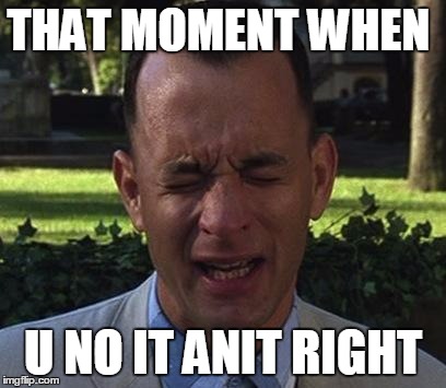 Forest Gump |  THAT MOMENT WHEN; U NO IT ANIT RIGHT | image tagged in forest gump | made w/ Imgflip meme maker