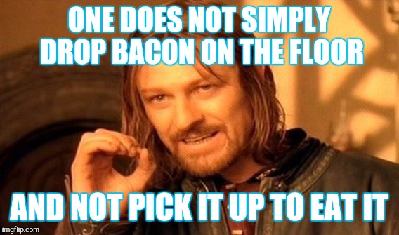 One Does Not Simply Meme | ONE DOES NOT SIMPLY DROP BACON ON THE FLOOR; AND NOT PICK IT UP TO EAT IT | image tagged in memes,one does not simply | made w/ Imgflip meme maker