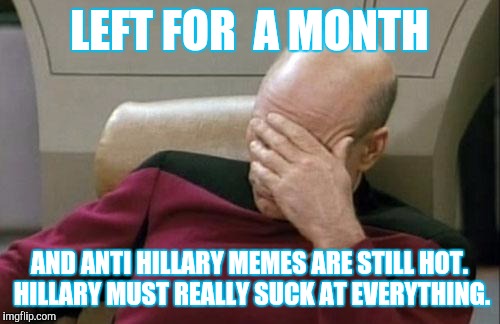Captain Picard Facepalm Meme | LEFT FOR  A MONTH; AND ANTI HILLARY MEMES ARE STILL HOT. HILLARY MUST REALLY SUCK AT EVERYTHING. | image tagged in memes,captain picard facepalm | made w/ Imgflip meme maker