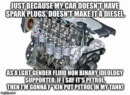 JUST BECAUSE MY CAR DOESN'T HAVE SPARK PLUGS, DOESN'T MAKE IT A DIESEL. AS A LGBT GENDER FLUID NON BINARY IDEOLOGY SUPPORTER, IF I SAY IT'S PETROL, THEN I'M GONNA F**KIN PUT PETROL IN MY TANK! | image tagged in diesel engine | made w/ Imgflip meme maker