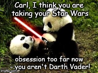 Carl's obsession with Star Wars | Carl, I think you are taking your Star Wars; obsession too far now - you aren't Darth Vader! | image tagged in fight me panda,starwars,panda wars,carl the panda,darth vader,cute panda | made w/ Imgflip meme maker