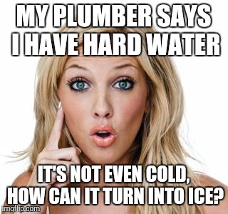 Dumb blonde | MY PLUMBER SAYS I HAVE HARD WATER; IT'S NOT EVEN COLD, HOW CAN IT TURN INTO ICE? | image tagged in dumb blonde | made w/ Imgflip meme maker