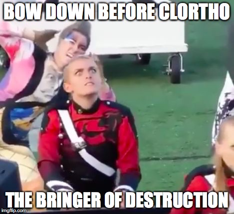 possessed musician | BOW DOWN BEFORE CLORTHO; THE BRINGER OF DESTRUCTION | image tagged in possessed musician | made w/ Imgflip meme maker