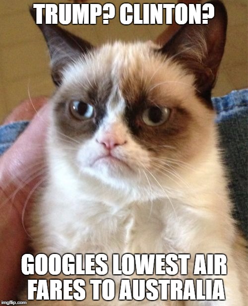 Grumpy Cat | TRUMP? CLINTON? GOOGLES LOWEST AIR FARES TO AUSTRALIA | image tagged in memes,grumpy cat | made w/ Imgflip meme maker