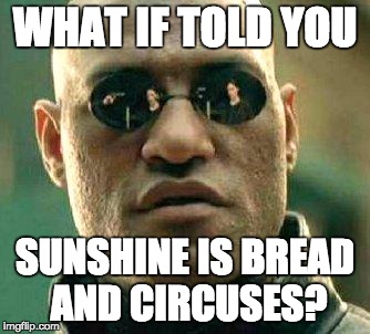 What if i told you | WHAT IF TOLD YOU; SUNSHINE IS BREAD AND CIRCUSES? | image tagged in what if i told you | made w/ Imgflip meme maker