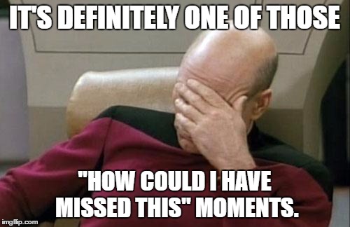 Captain Picard Facepalm Meme | IT'S DEFINITELY ONE OF THOSE "HOW COULD I HAVE MISSED THIS" MOMENTS. | image tagged in memes,captain picard facepalm | made w/ Imgflip meme maker