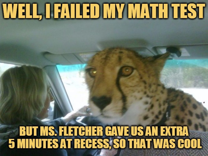 So, how was school?... | WELL, I FAILED MY MATH TEST; BUT MS. FLETCHER GAVE US AN EXTRA 5 MINUTES AT RECESS, SO THAT WAS COOL | image tagged in so how was school cheetah,memes,school,cheetah,headfoot | made w/ Imgflip meme maker
