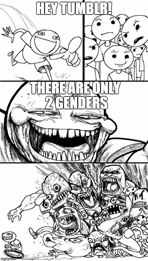 Tumblr in a nutshell | HEY TUMBLR! THERE ARE ONLY 2 GENDERS | image tagged in memes,hey internet,tumblr,feminism,transgender | made w/ Imgflip meme maker