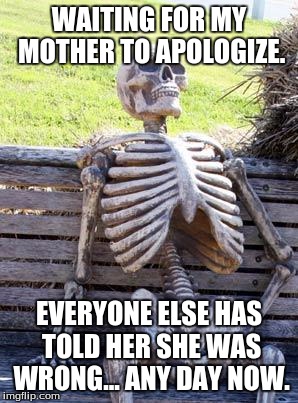 Waiting Skeleton Meme | WAITING FOR MY MOTHER TO APOLOGIZE. EVERYONE ELSE HAS TOLD HER SHE WAS WRONG... ANY DAY NOW. | image tagged in memes,waiting skeleton | made w/ Imgflip meme maker