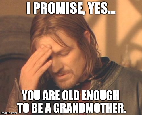 Frustrated Boromir | I PROMISE, YES... YOU ARE OLD ENOUGH TO BE A GRANDMOTHER. | image tagged in memes,frustrated boromir | made w/ Imgflip meme maker
