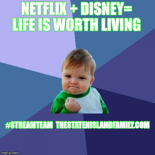 Success Kid Meme | NETFLIX + DISNEY= LIFE IS WORTH LIVING; #STREAMTEAM 
THESTATENISLANDFAMILY.COM | image tagged in memes,success kid | made w/ Imgflip meme maker
