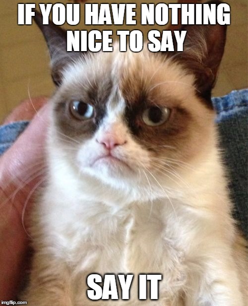 Grumpy Cat Meme | IF YOU HAVE NOTHING NICE TO SAY; SAY IT | image tagged in memes,grumpy cat,nice,sayings,nothing,proverb | made w/ Imgflip meme maker