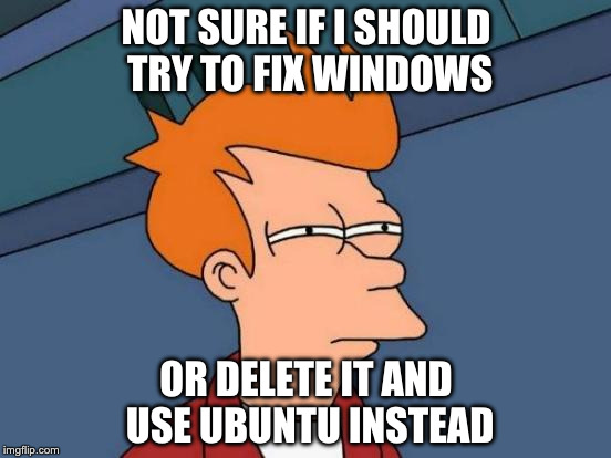 Futurama Fry Meme | NOT SURE IF I SHOULD TRY TO FIX WINDOWS; OR DELETE IT AND USE UBUNTU INSTEAD | image tagged in memes,futurama fry | made w/ Imgflip meme maker