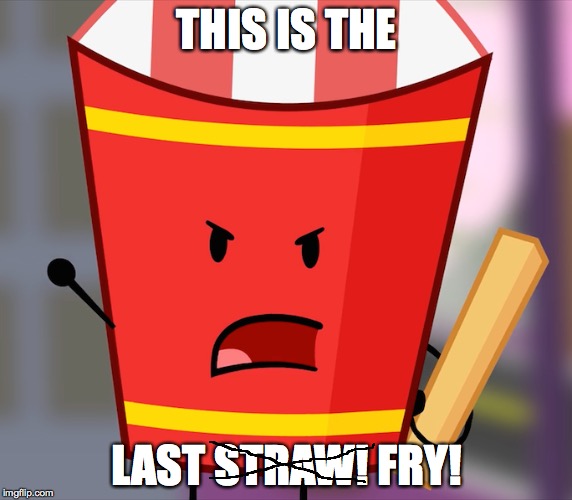 This is the last fry! |  THIS IS THE; LAST STRAW! FRY! | image tagged in idfb,fries,bfdi | made w/ Imgflip meme maker