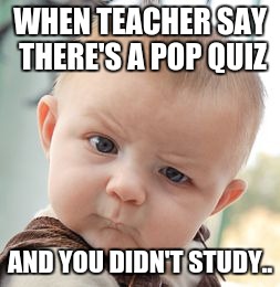 Skeptical Baby | WHEN TEACHER SAY THERE'S A POP QUIZ; AND YOU DIDN'T STUDY.. | image tagged in memes,skeptical baby | made w/ Imgflip meme maker