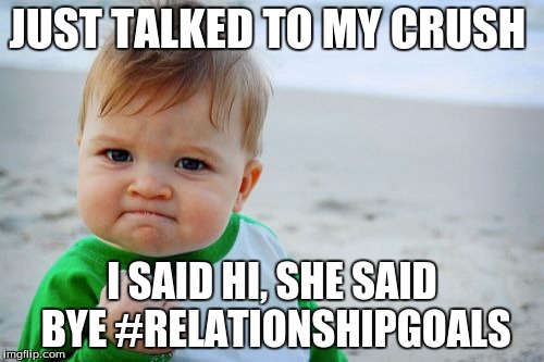 Success Kid Original | JUST TALKED TO MY CRUSH; I SAID HI, SHE SAID BYE #RELATIONSHIPGOALS | image tagged in memes,success kid original | made w/ Imgflip meme maker