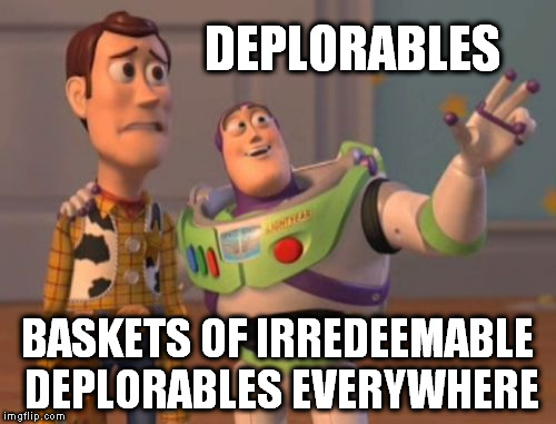 Baskets of Irredeemable Deplorables | DEPLORABLES; BASKETS OF IRREDEEMABLE DEPLORABLES EVERYWHERE | image tagged in memes,x x everywhere,basket of deplorables,hillary clinton 2016 | made w/ Imgflip meme maker