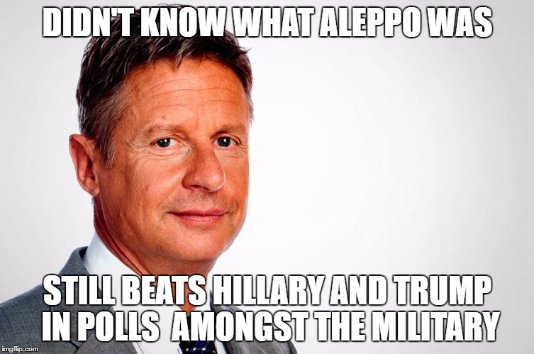 Feel The Johnson | DIDN'T KNOW WHAT ALEPPO WAS; STILL BEATS HILLARY AND TRUMP IN POLLS  AMONGST THE MILITARY | image tagged in gary johnson feelthejohnson,gary johnson,military,america,republicans | made w/ Imgflip meme maker