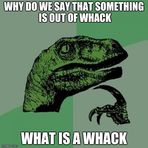 Philosoraptor Meme |  WHY DO WE SAY THAT SOMETHING IS OUT OF WHACK; WHAT IS A WHACK | image tagged in memes,philosoraptor | made w/ Imgflip meme maker