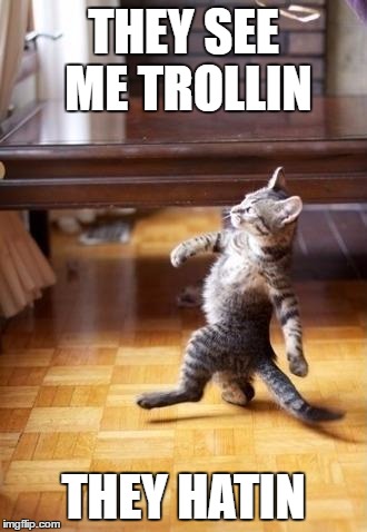 Troll Cat | THEY SEE ME TROLLIN; THEY HATIN | image tagged in memes,cool cat stroll,troll face,trolling | made w/ Imgflip meme maker