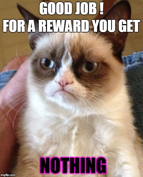 Grumpy Cat Meme | GOOD JOB ! NOTHING FOR A REWARD YOU GET | image tagged in memes,grumpy cat | made w/ Imgflip meme maker