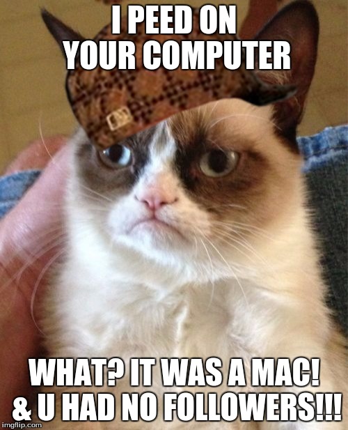 Grumpy Cat | I PEED ON YOUR COMPUTER; WHAT? IT WAS A MAC! & U HAD NO FOLLOWERS!!! | image tagged in memes,grumpy cat,scumbag | made w/ Imgflip meme maker