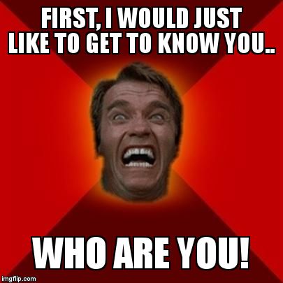 Arnold meme | FIRST, I WOULD JUST LIKE TO GET TO KNOW YOU.. WHO ARE YOU! | image tagged in arnold meme | made w/ Imgflip meme maker