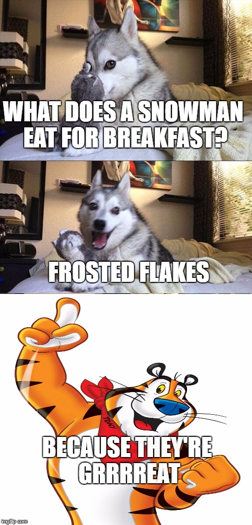 Bad Pun Dog Meme | WHAT DOES A SNOWMAN EAT FOR BREAKFAST? FROSTED FLAKES; BECAUSE THEY'RE GRRRREAT | image tagged in memes,bad pun dog | made w/ Imgflip meme maker