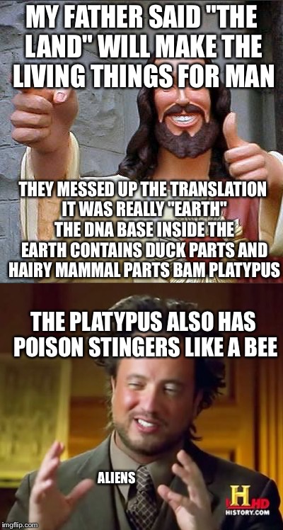 MY FATHER SAID "THE LAND" WILL MAKE THE LIVING THINGS FOR MAN THEY MESSED UP THE TRANSLATION IT WAS REALLY "EARTH" THE DNA BASE INSIDE THE E | made w/ Imgflip meme maker