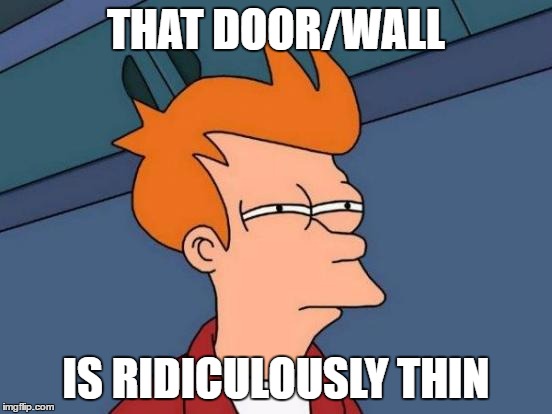 Futurama Fry Meme | THAT DOOR/WALL IS RIDICULOUSLY THIN | image tagged in memes,futurama fry | made w/ Imgflip meme maker