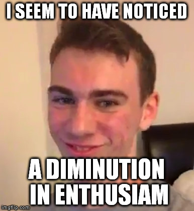 I SEEM TO HAVE NOTICED; A DIMINUTION IN ENTHUSIAM | image tagged in enthusiastic ethan | made w/ Imgflip meme maker