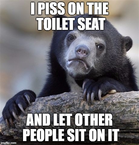 Confession Bear | I PISS ON THE TOILET SEAT; AND LET OTHER PEOPLE SIT ON IT | image tagged in memes,confession bear | made w/ Imgflip meme maker