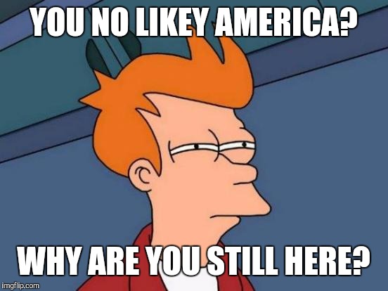 Futurama Fry Meme | YOU NO LIKEY AMERICA? WHY ARE YOU STILL HERE? | image tagged in memes,futurama fry | made w/ Imgflip meme maker