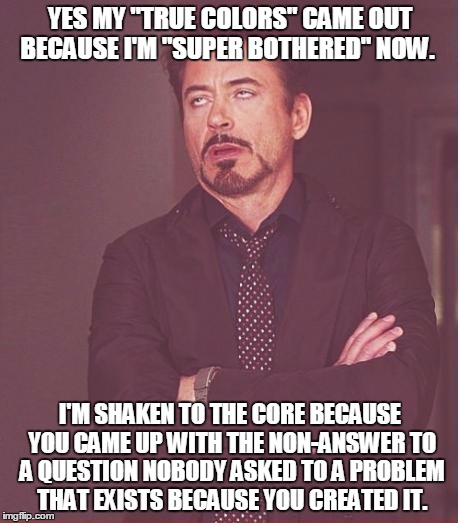 Face You Make Robert Downey Jr Meme | YES MY "TRUE COLORS" CAME OUT BECAUSE I'M "SUPER BOTHERED" NOW. I'M SHAKEN TO THE CORE BECAUSE YOU CAME UP WITH THE NON-ANSWER TO A QUESTION NOBODY ASKED TO A PROBLEM THAT EXISTS BECAUSE YOU CREATED IT. | image tagged in memes,face you make robert downey jr | made w/ Imgflip meme maker