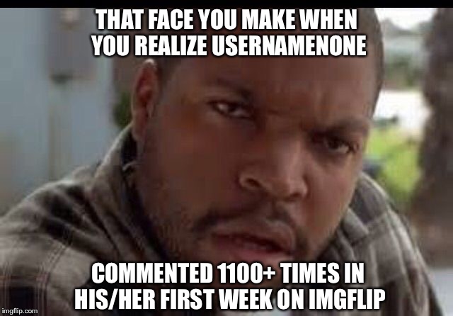 Geez . . . LOL | THAT FACE YOU MAKE WHEN YOU REALIZE USERNAMENONE; COMMENTED 1100+ TIMES IN HIS/HER FIRST WEEK ON IMGFLIP | image tagged in wtf look face ice cube friday,memes | made w/ Imgflip meme maker