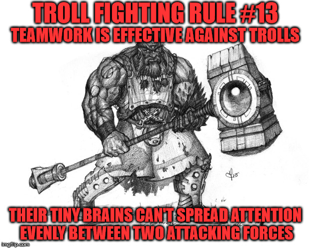 Troll Fighting Rule #13 | TROLL FIGHTING RULE #13; TEAMWORK IS EFFECTIVE AGAINST TROLLS; THEIR TINY BRAINS CAN'T SPREAD ATTENTION EVENLY BETWEEN TWO ATTACKING FORCES | image tagged in troll smasher | made w/ Imgflip meme maker