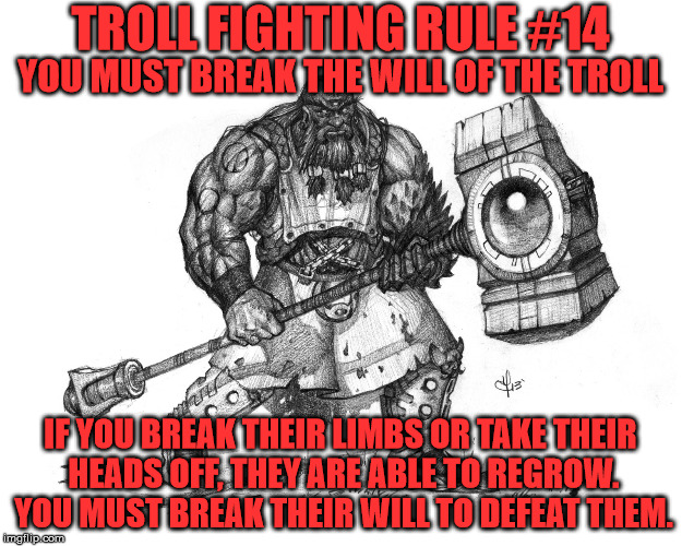 Troll Fighting Rule #14 | TROLL FIGHTING RULE #14; YOU MUST BREAK THE WILL OF THE TROLL; IF YOU BREAK THEIR LIMBS OR TAKE THEIR HEADS OFF, THEY ARE ABLE TO REGROW. YOU MUST BREAK THEIR WILL TO DEFEAT THEM. | image tagged in troll smasher | made w/ Imgflip meme maker